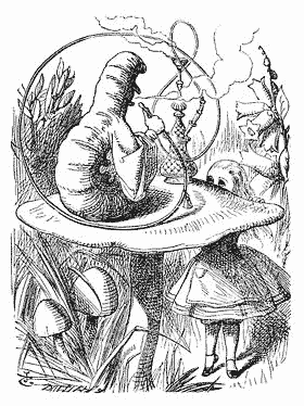 Illustration de John Tenniel pour Alice au pays des merveilles de Lewis Caroll. Une chenille sur un champignon fume de la chicha. Alice l'observe.